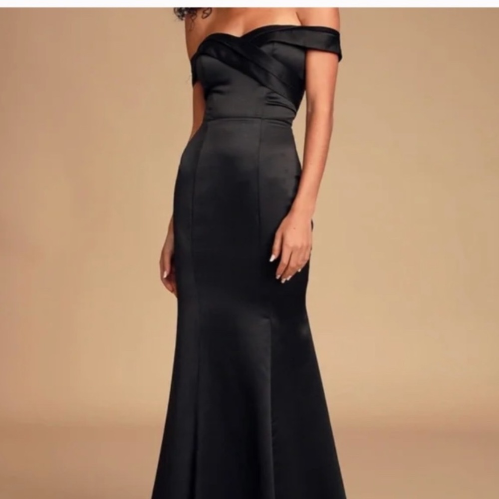 NWT LULUS Adored Forever Black Satin Off-the-Shoulder Maxi Dress gown satin Prom